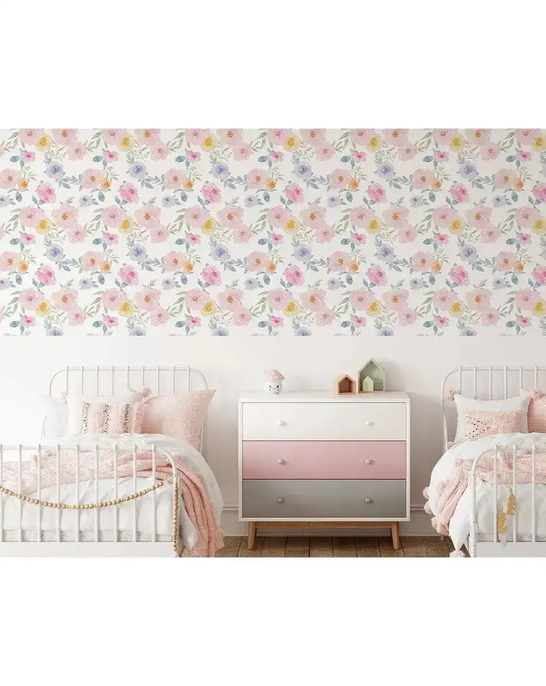 Floral Watercolor Pink Yellow Blue Roses Retro Flowers Wallpaper - Image 5