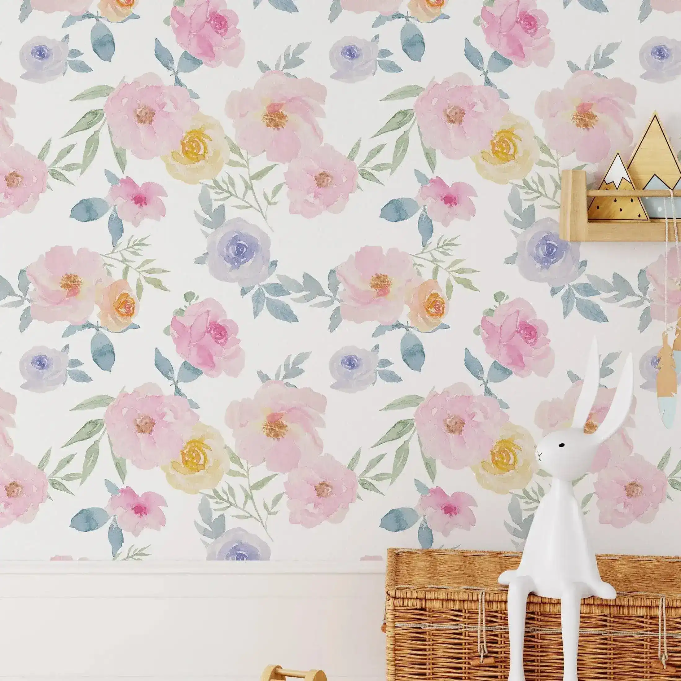 Floral Watercolor Pink Yellow Blue Roses Retro Flowers Wallpaper - Image 6