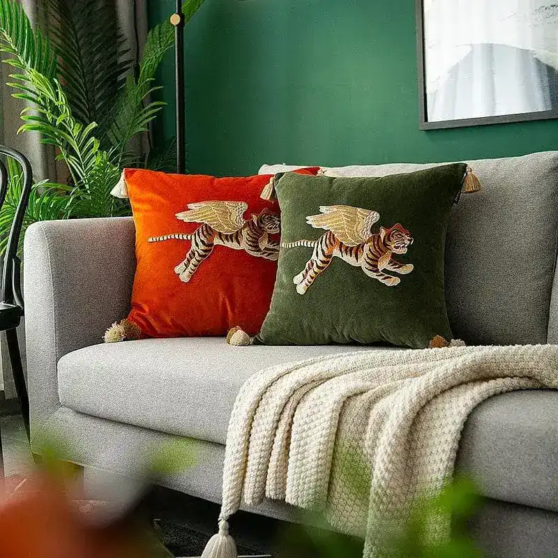 Flying Angelic Wing Tiger Embroidered Throw Pillow Cover - Image 2