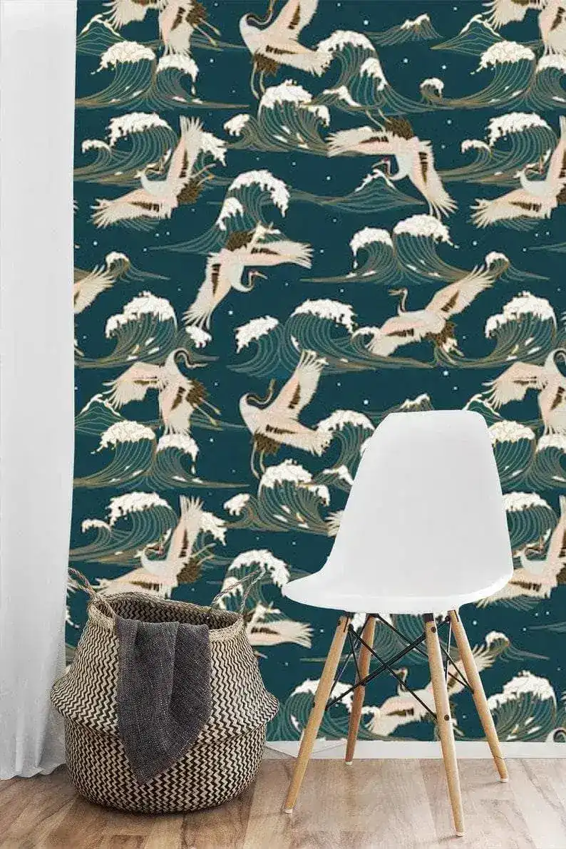 Flying Cranes Over Chinoiserie Blue Ocean Wallpaper - Image 5