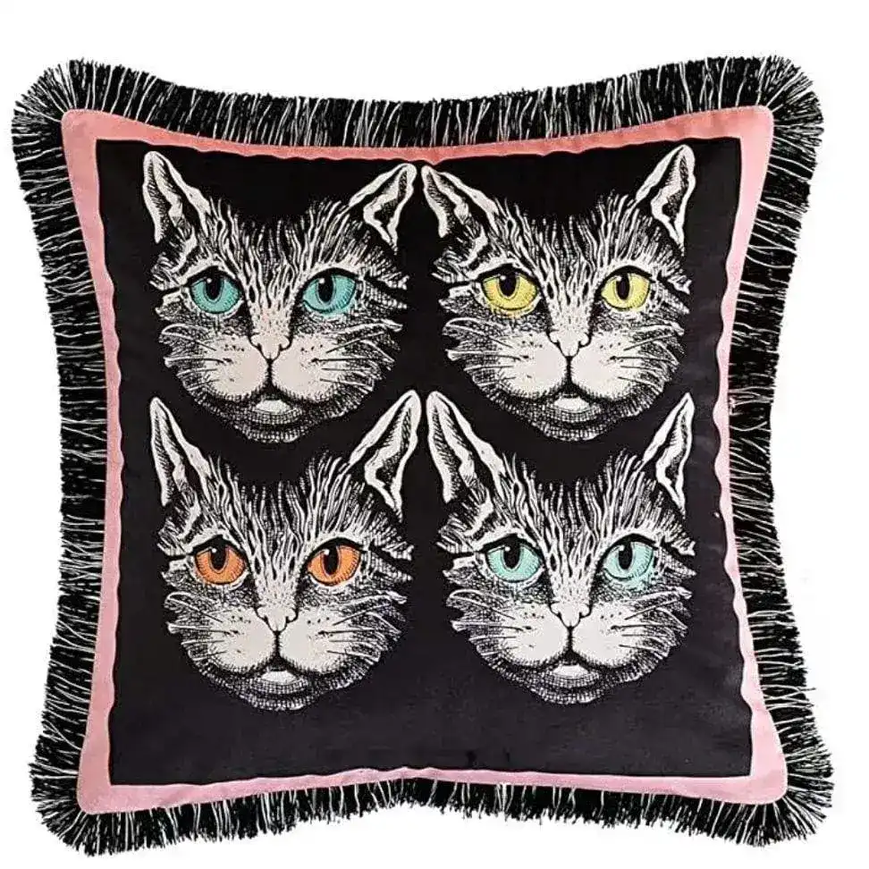 Four Cats Velvet Throw Pillow Cover with Fringes - Pink