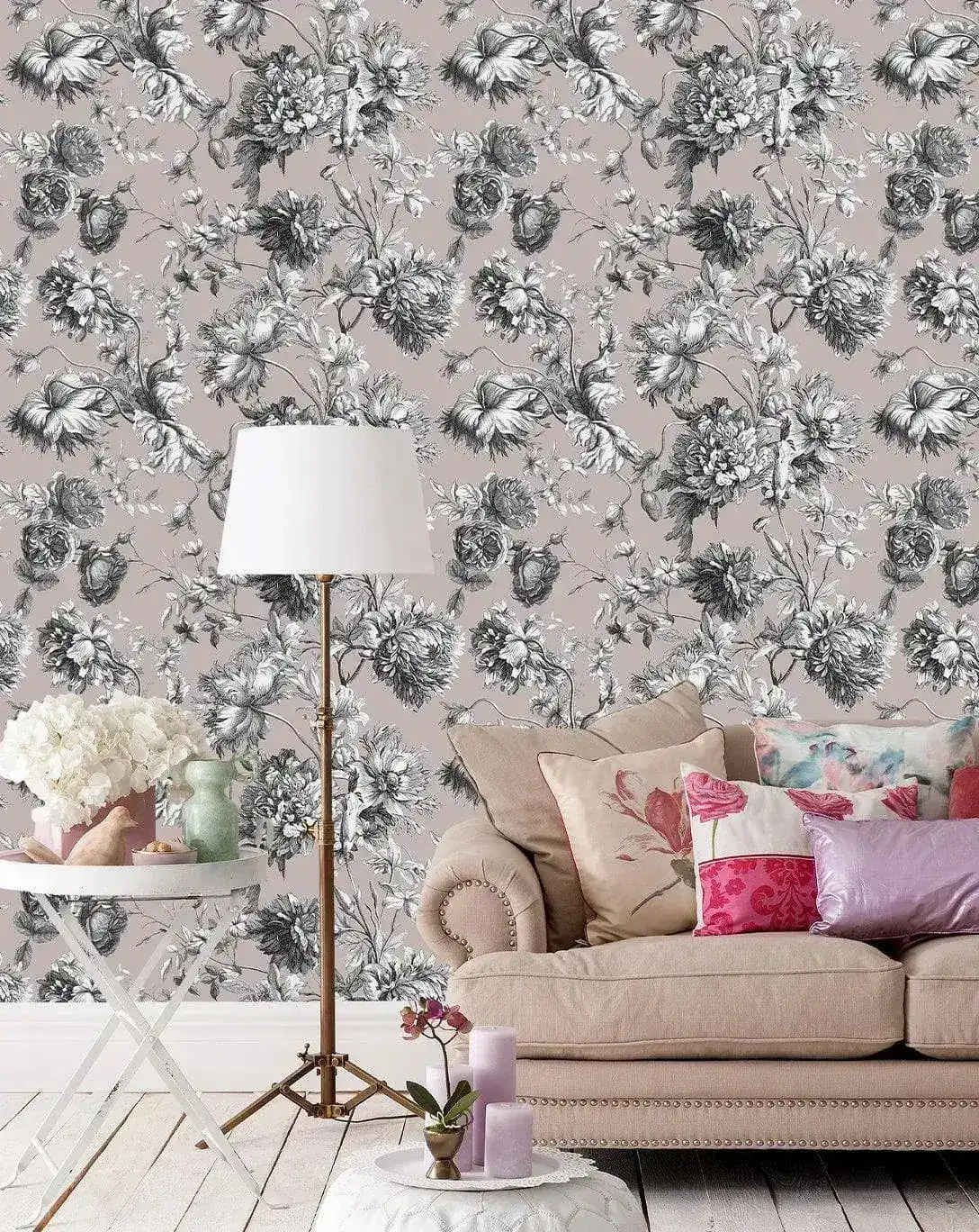 French Toile Pink Flower Provence Vintage Romantic Wallpaper - Image 2
