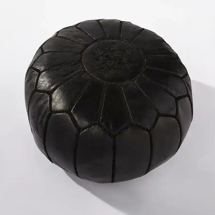 Genuine Leather Round Floral Pouf Ottoman - Black - Image 3