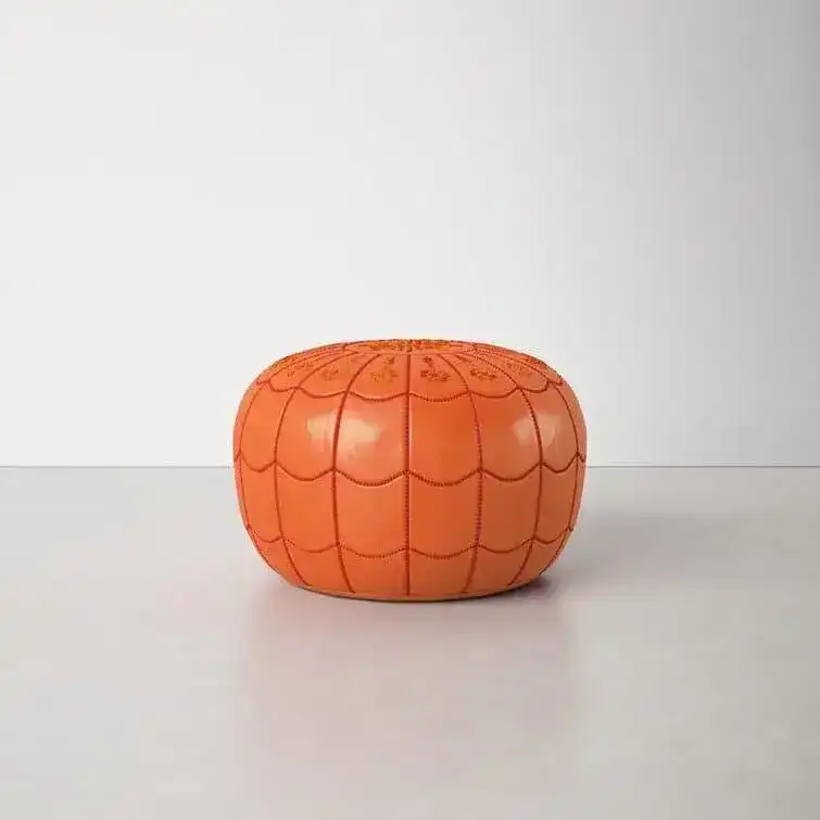 Genuine Leather Round Floral Pouf Ottoman - Orange - Image 3
