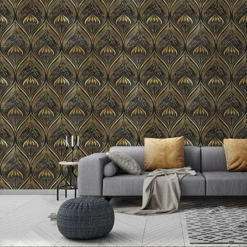 Gold and Black Watercolor Art Deco Pattern Wallpaper - Image 6