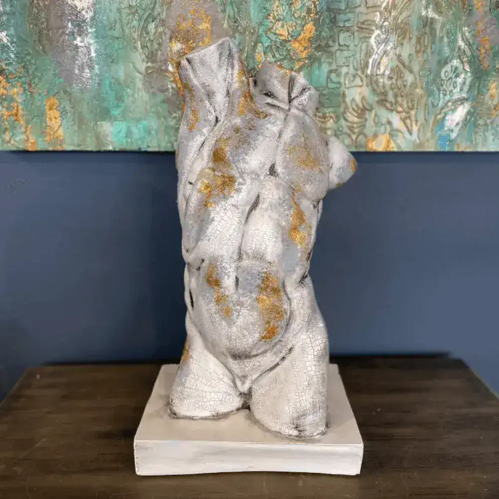 Gold Gilded Cracked Marble Male Torso Sculpture Statue