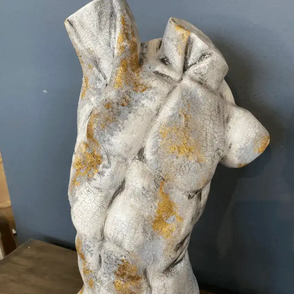 Gold Gilded Cracked Marble Male Torso Sculpture Statue - Image 5