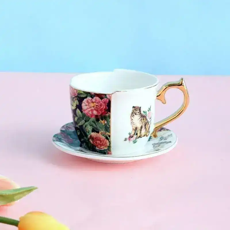 Gold Plated Retro Tigers and Rose Mug and Plate Set - Image 2