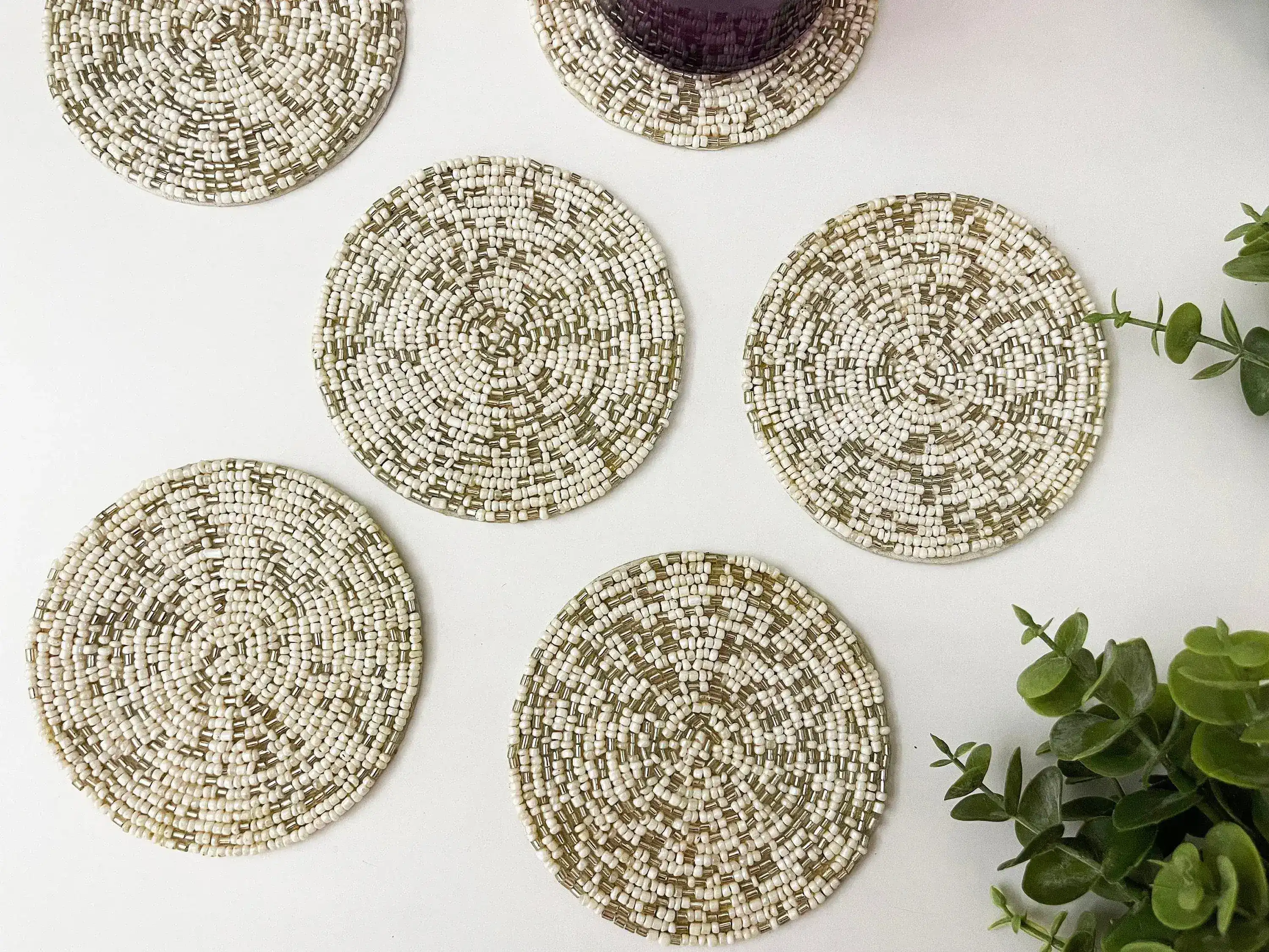Gold Silver Round Beaded Coaster Set - Image 3