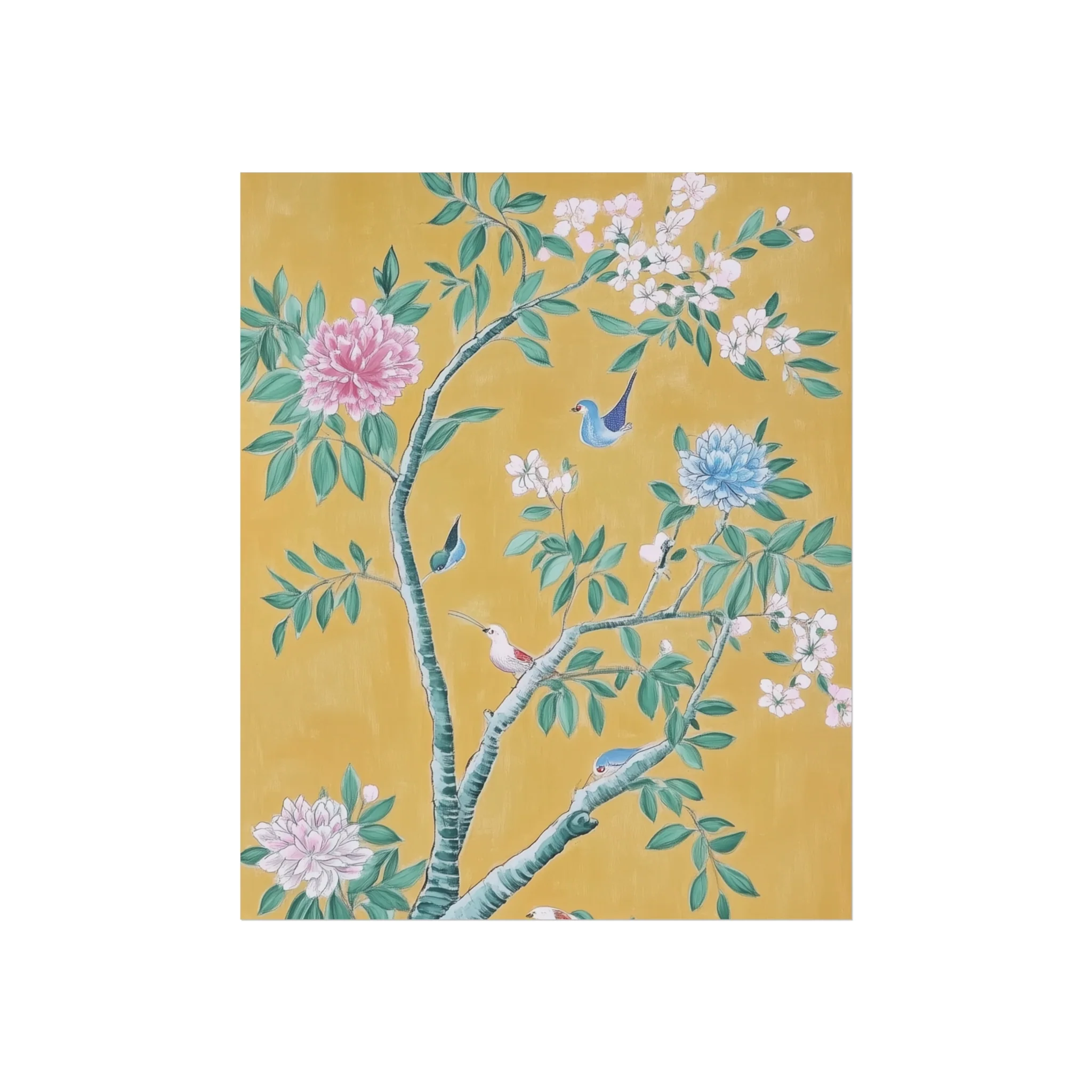 Golden Chinoiserie Birds and Floral Scene Fine Art Poster - Image 3