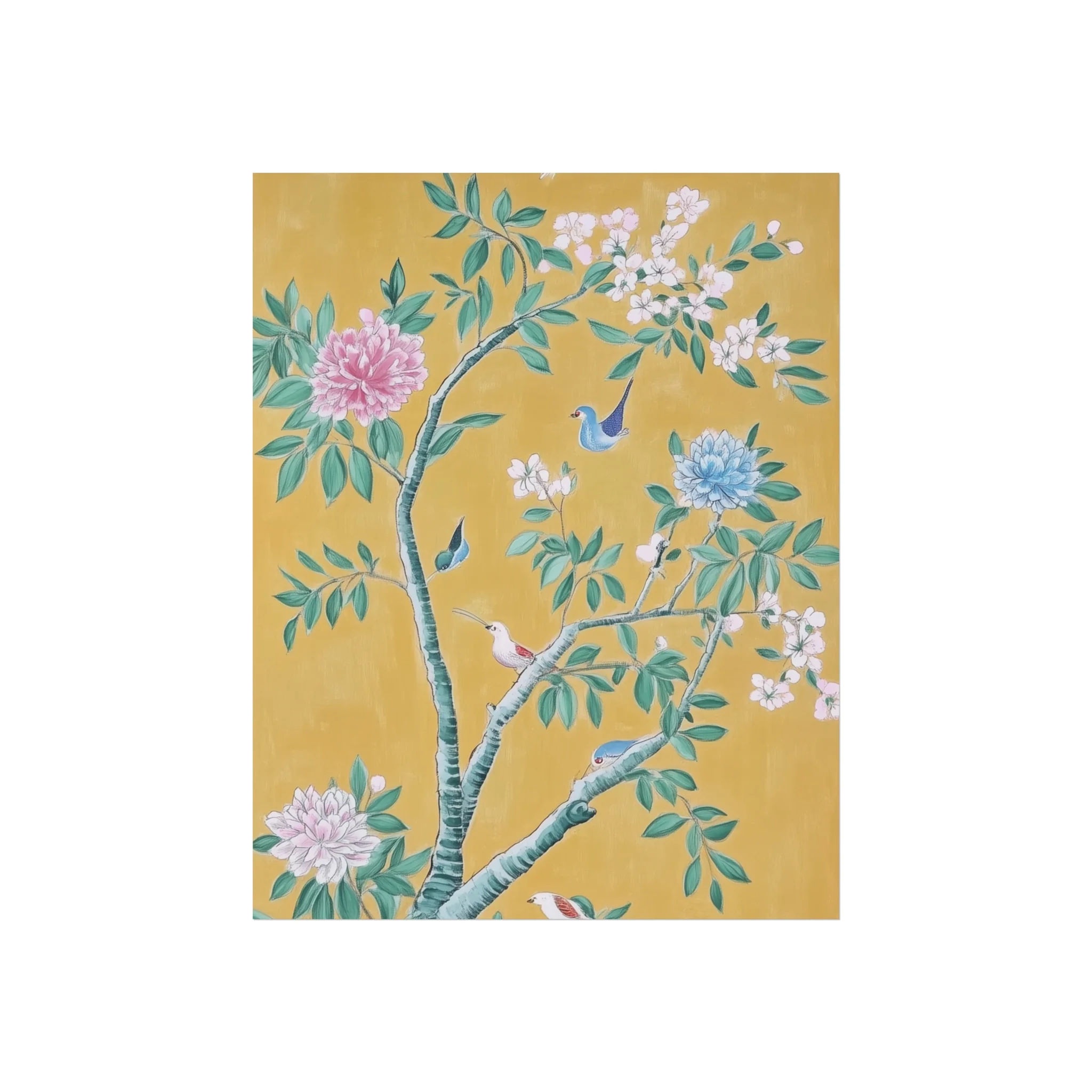 Golden Chinoiserie Birds and Floral Scene Fine Art Poster - Image 4