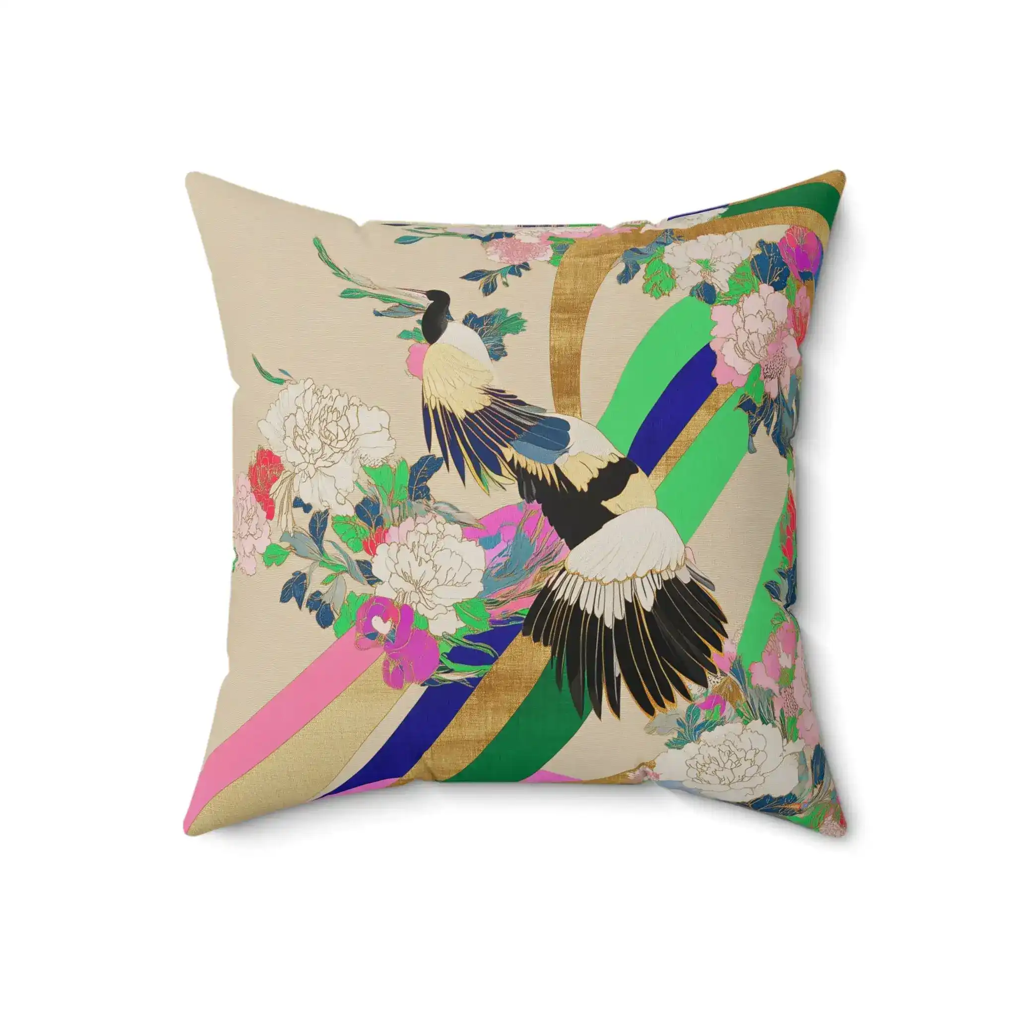 Golden Plumage & Peony Ribbons Throw Pillow - Image 5