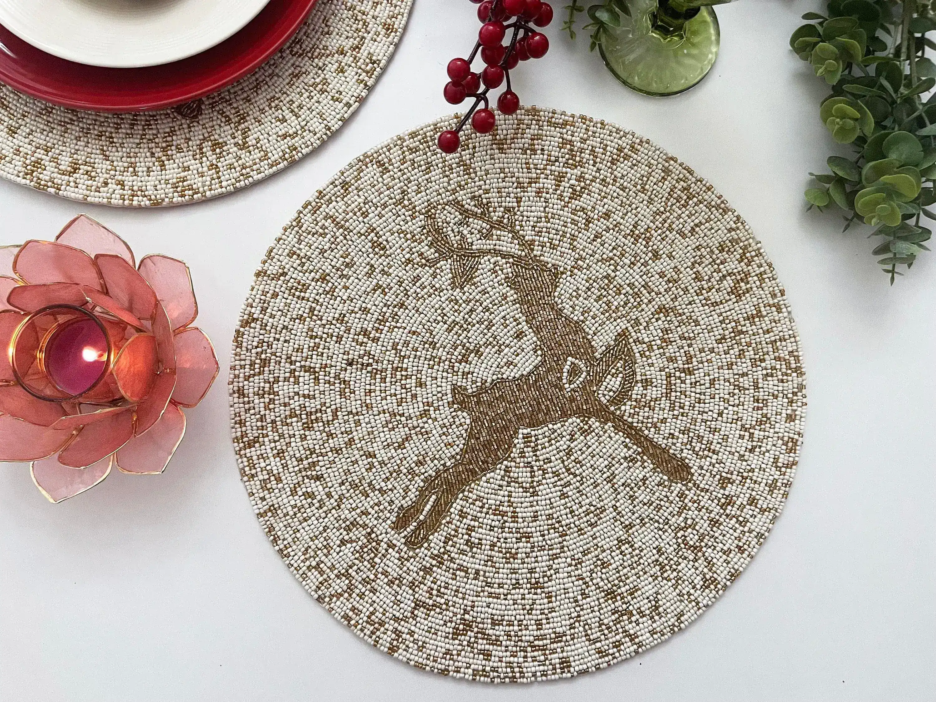 Golden Reindeer Beaded Round Placemats - Set of 6 - Image 2