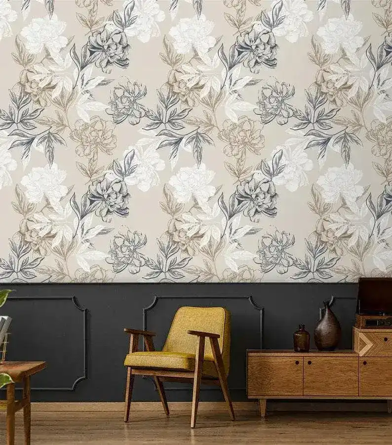 Gray and White Floral Peony Wallpaper - Image 3