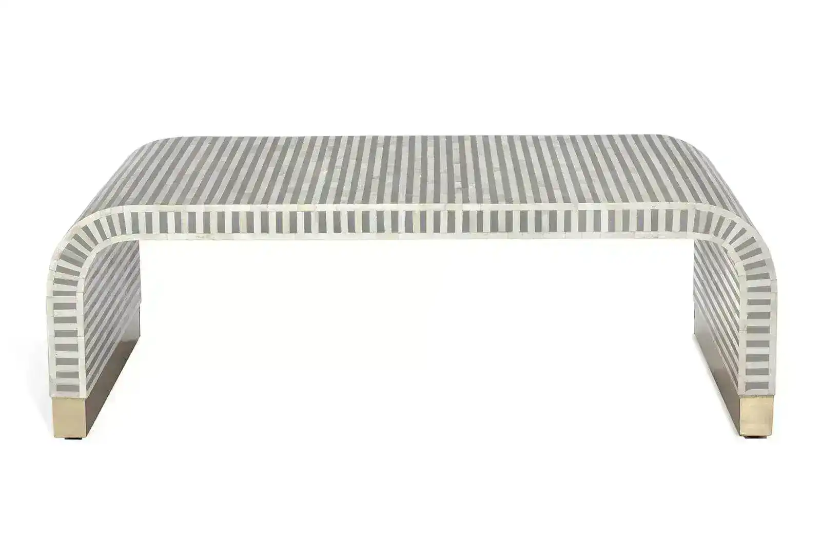 Gray and White Stripe Waterfall Bone Inlay Coffee Table with Brass Leg - Image 2