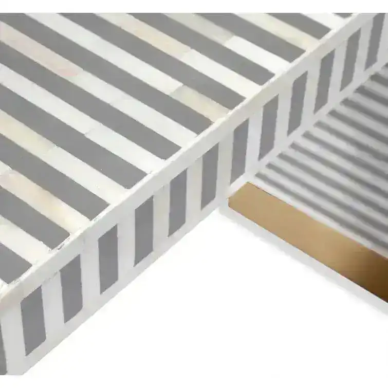 Gray and White Stripe Waterfall Bone Inlay Console Table with Brass Leg - Image 3