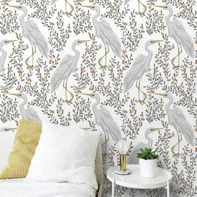 Gray Cranes Floral Wallpaper - Image 3