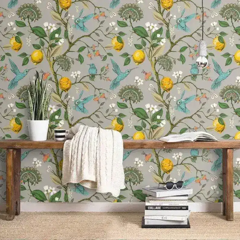 Gray Vintage Hummingbird Chinese Style Birds Tree Branch Wallpaper - Image 2