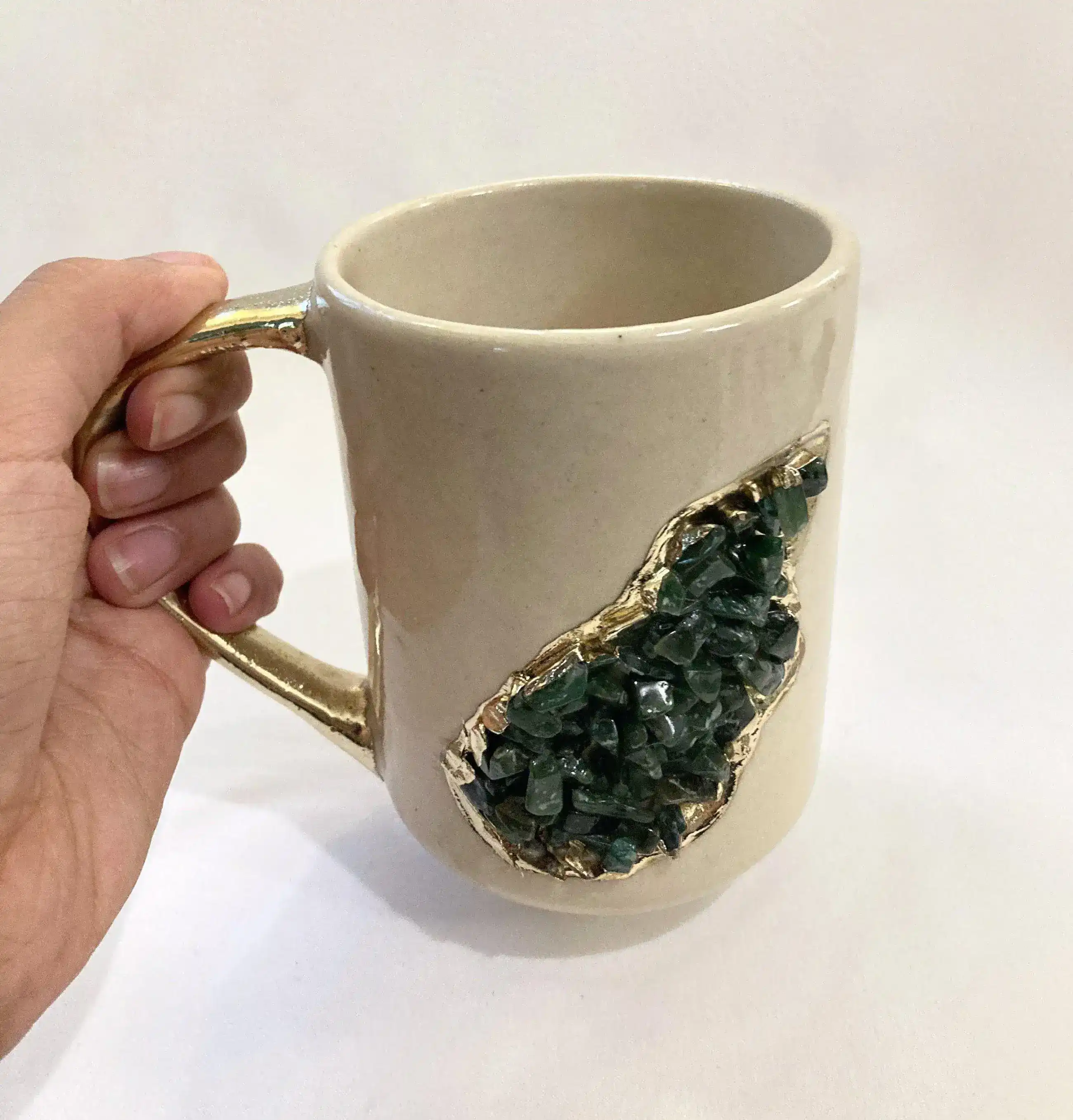 Green Agate Crystal Coffee Mug with Gold Handle - Set of 2 - Image 5