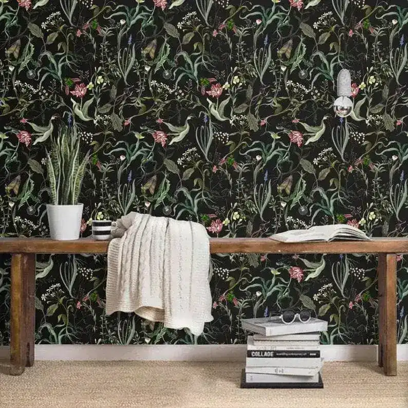 Green and Black Delicate Floral Leaves Wallpaper - Image 3