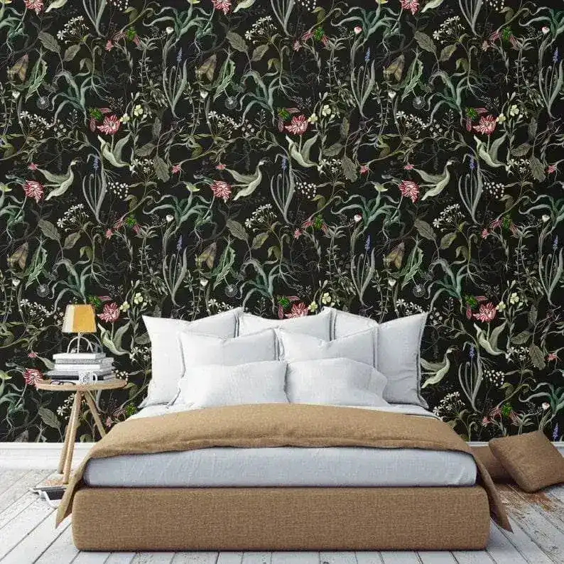 Green and Black Delicate Floral Leaves Wallpaper - Image 4