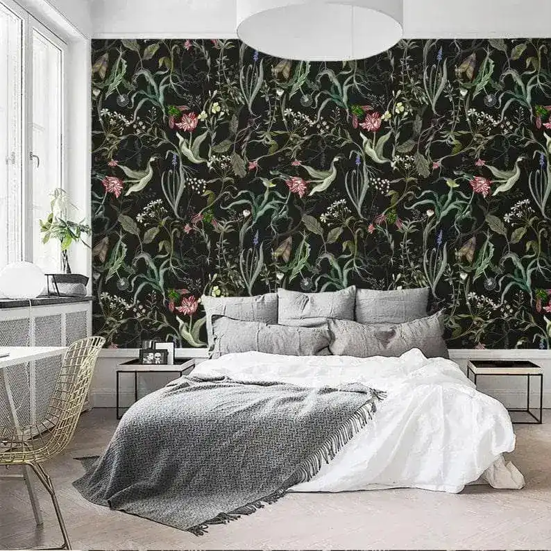 Green and Black Delicate Floral Leaves Wallpaper - Image 5