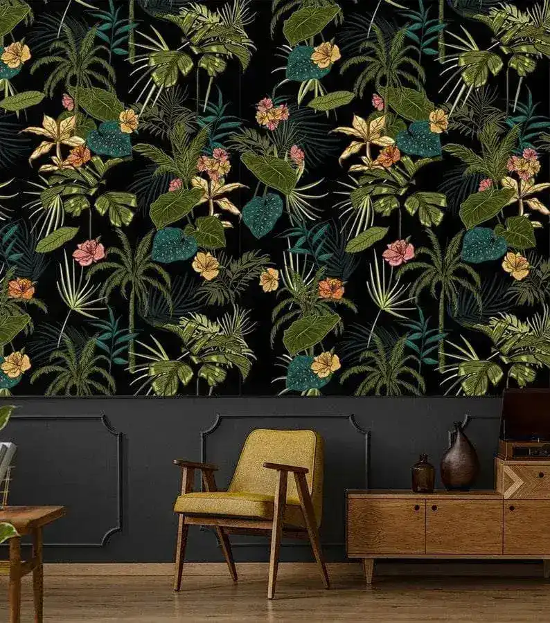 Green and Black Hawaiian Tropical Floral Wallpaper - Image 2