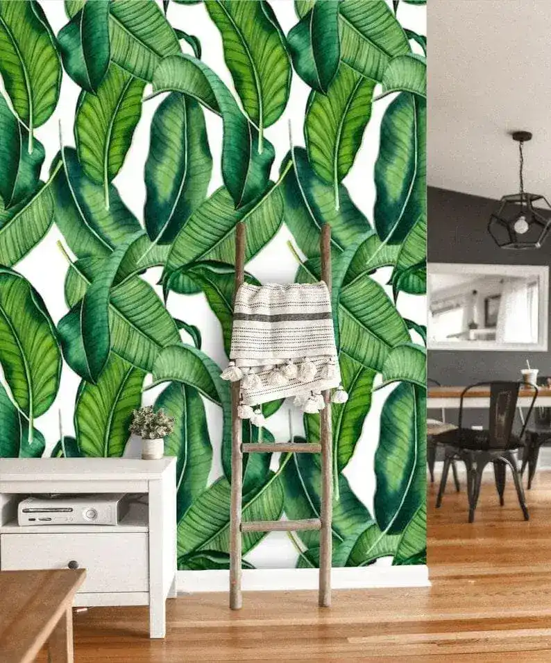 Green and White Banana Leaves Tropical Wallpaper - Image 3