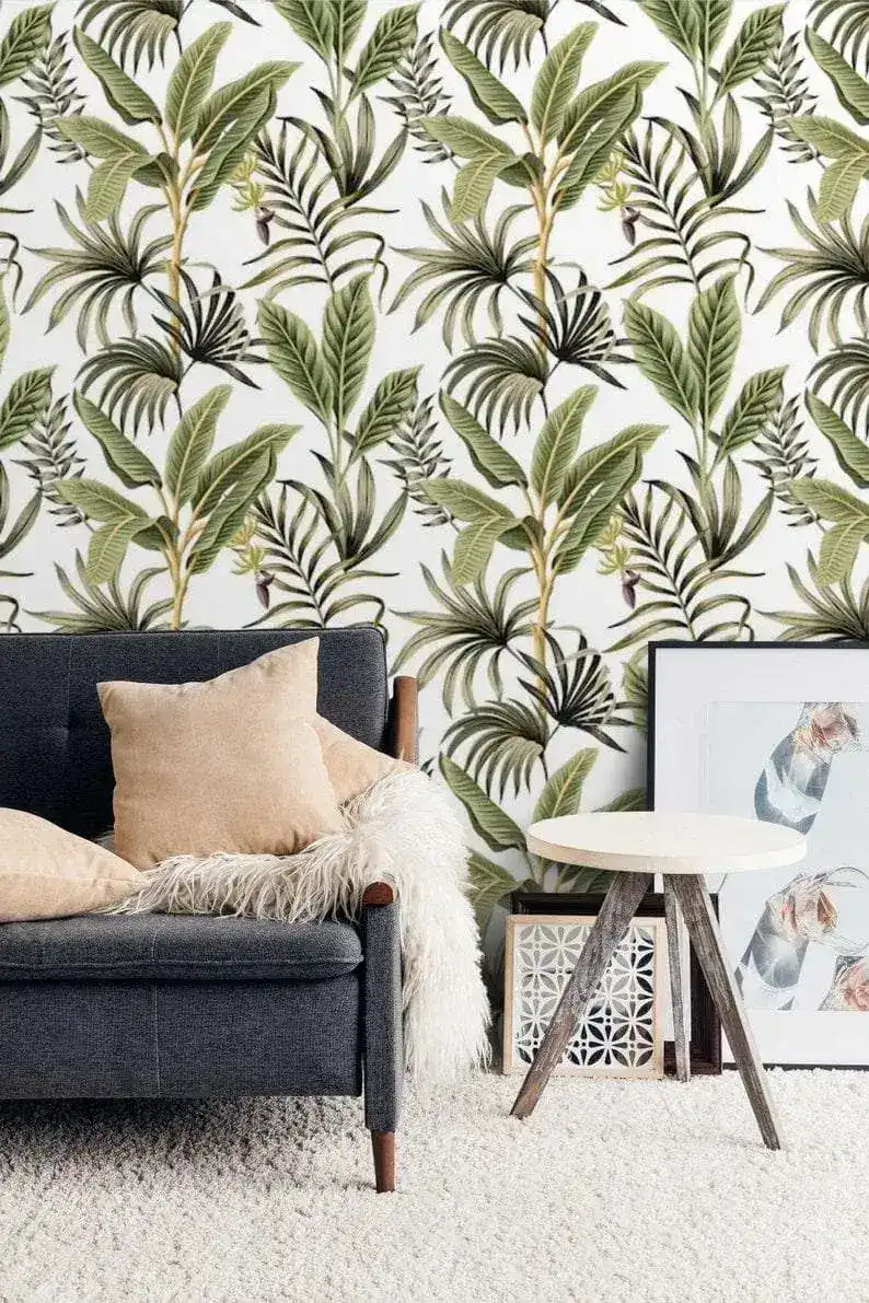 Green and White Exotic Palm Leaves Tropical Wallpaper - Image 5