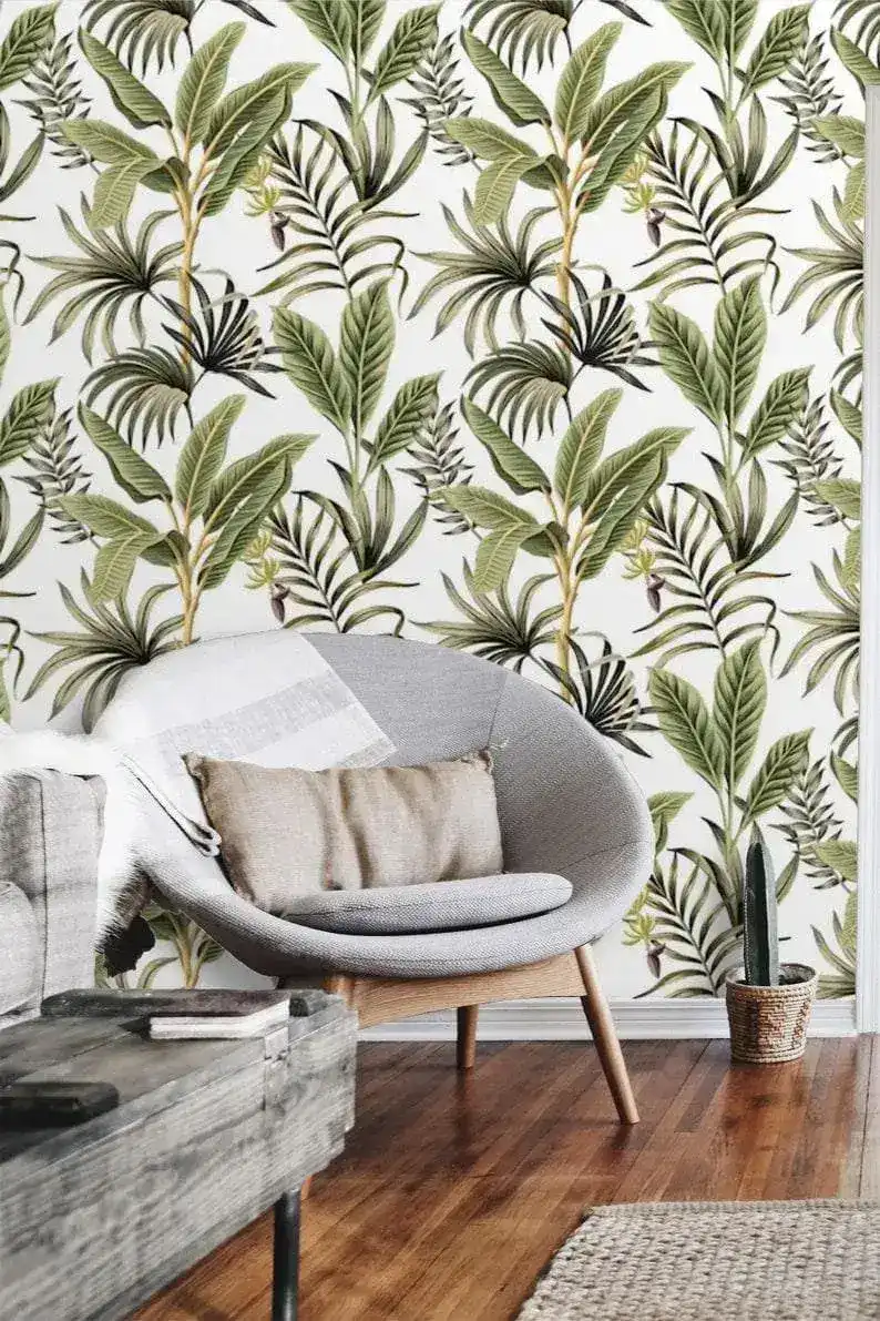 Green and White Exotic Palm Leaves Tropical Wallpaper - Image 6
