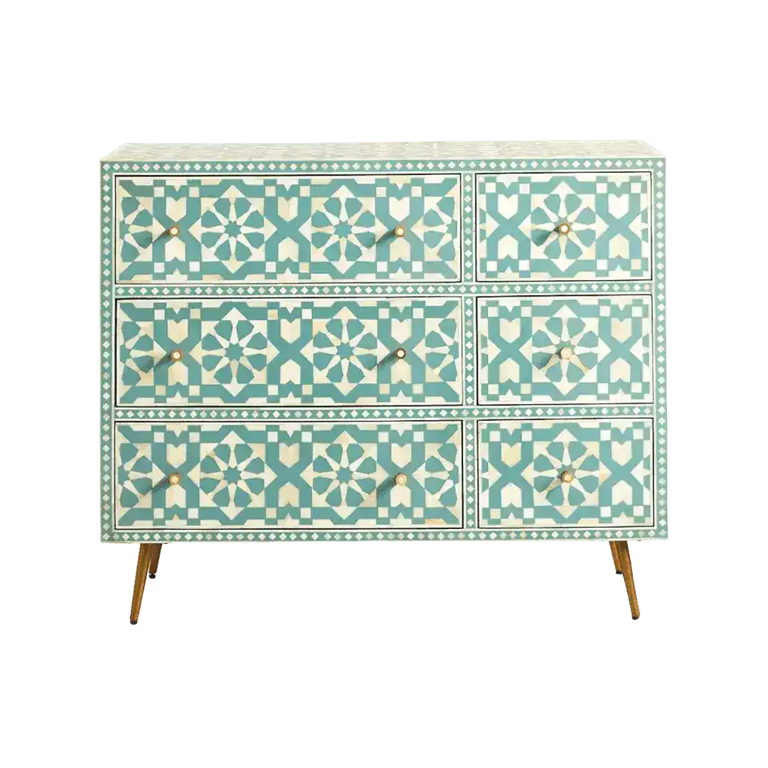 Green and White Moroccan Geometric Bone Inlay 6 Drawers Chest - Image 2