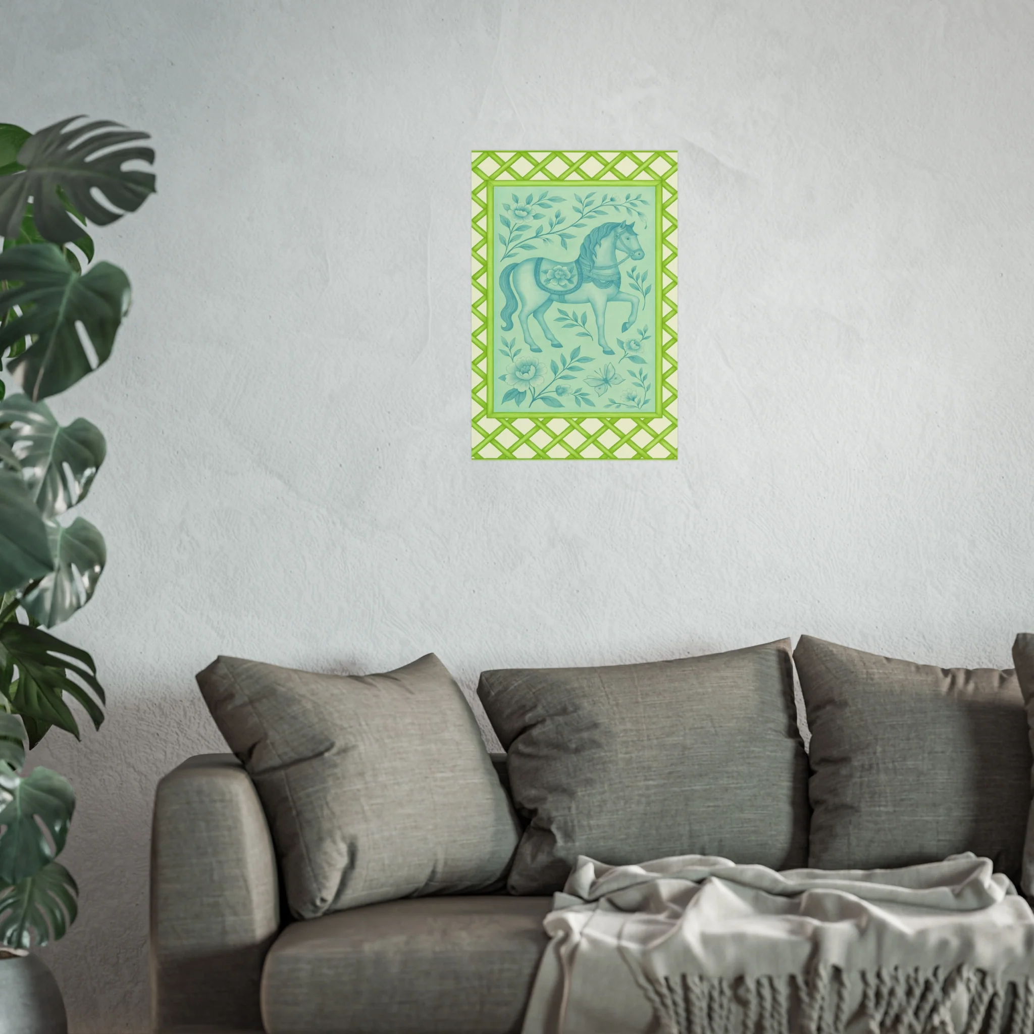 Green Bamboo Frame Chinoiserie Horse Fine Art Poster - Image 33