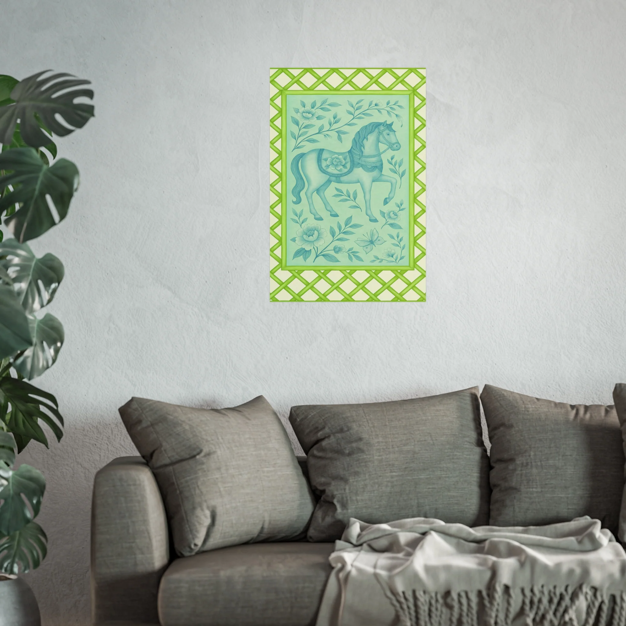 Green Bamboo Frame Chinoiserie Horse Fine Art Poster - Image 37