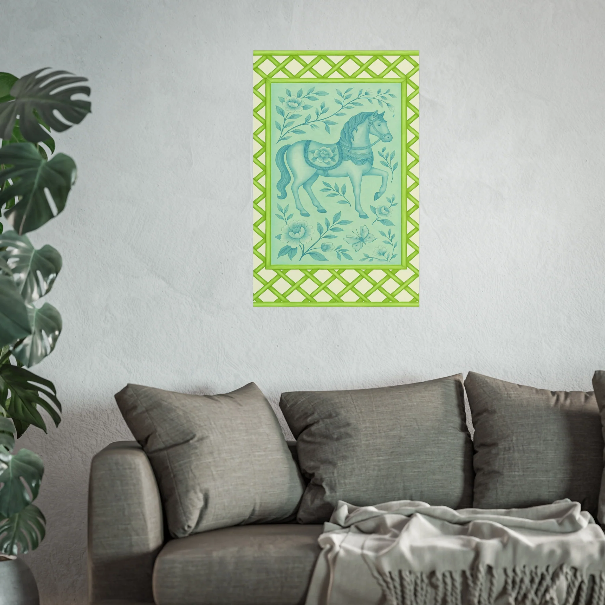Green Bamboo Frame Chinoiserie Horse Fine Art Poster - Image 39