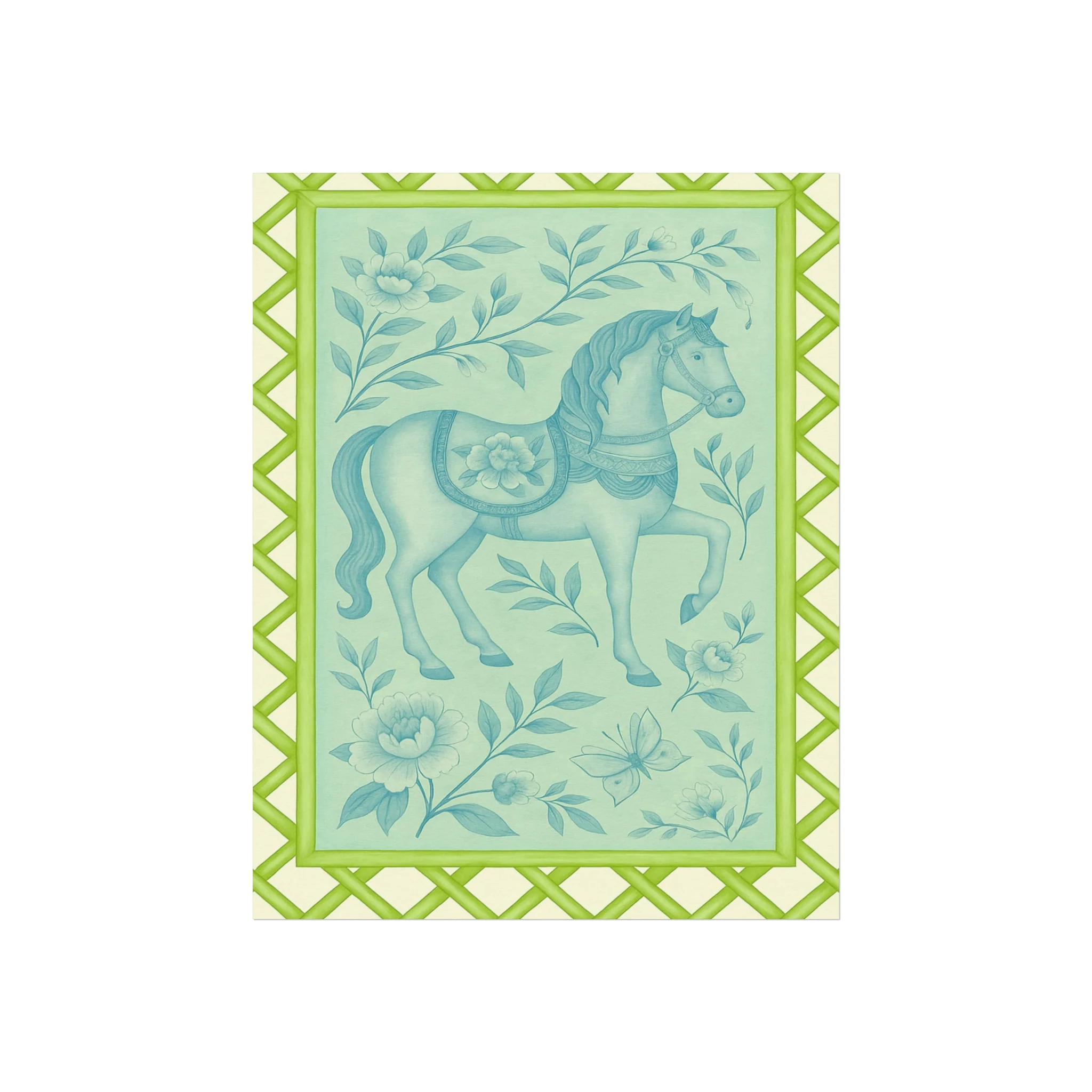 Green Bamboo Frame Chinoiserie Horse Fine Art Poster - Image 4
