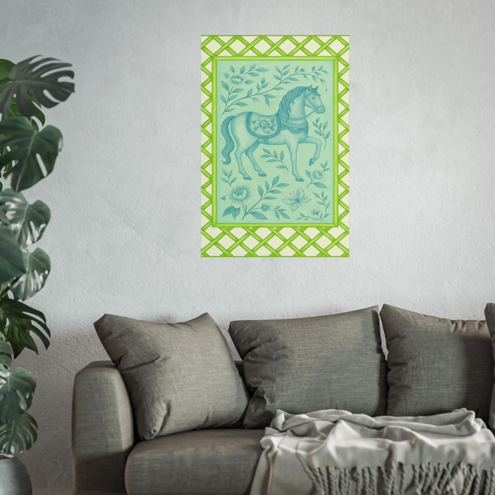 Green Bamboo Frame Chinoiserie Horse Fine Art Poster - Image 43