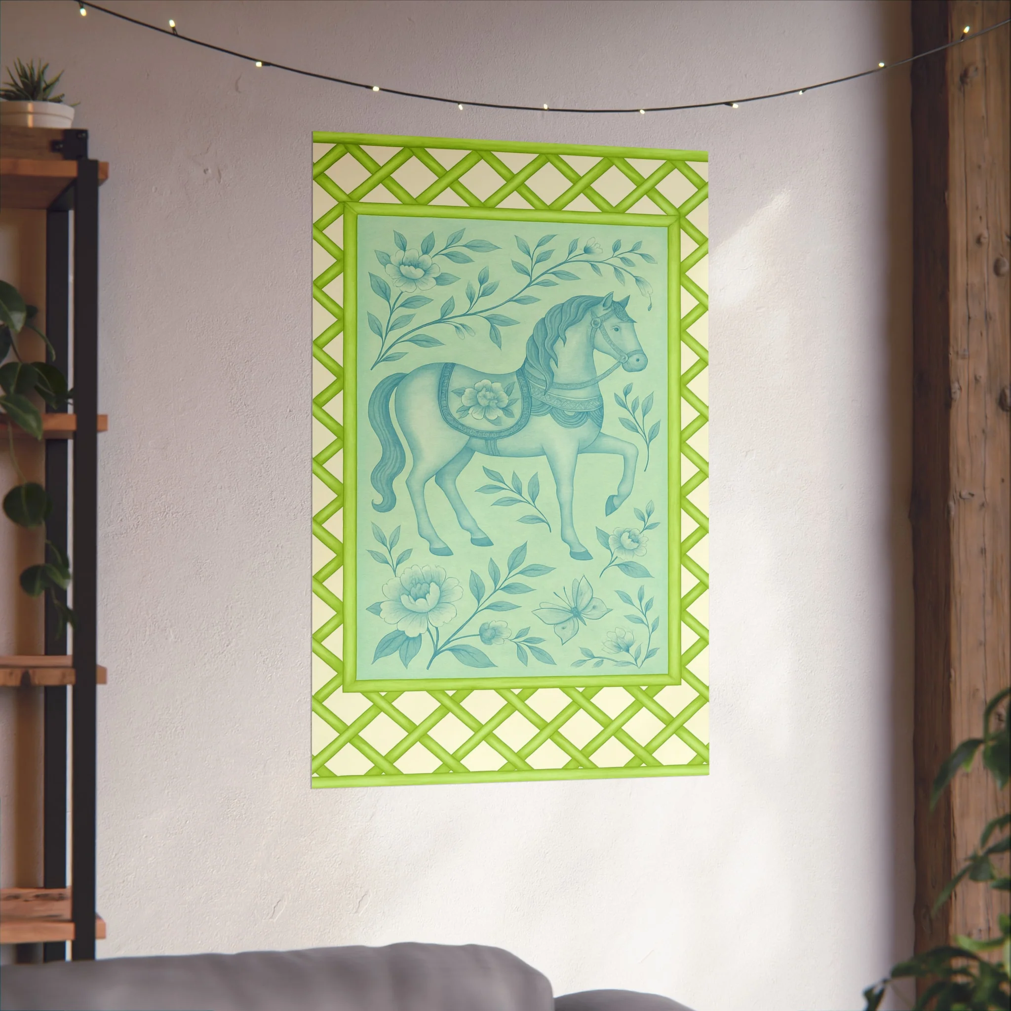 Green Bamboo Frame Chinoiserie Horse Fine Art Poster - Image 46