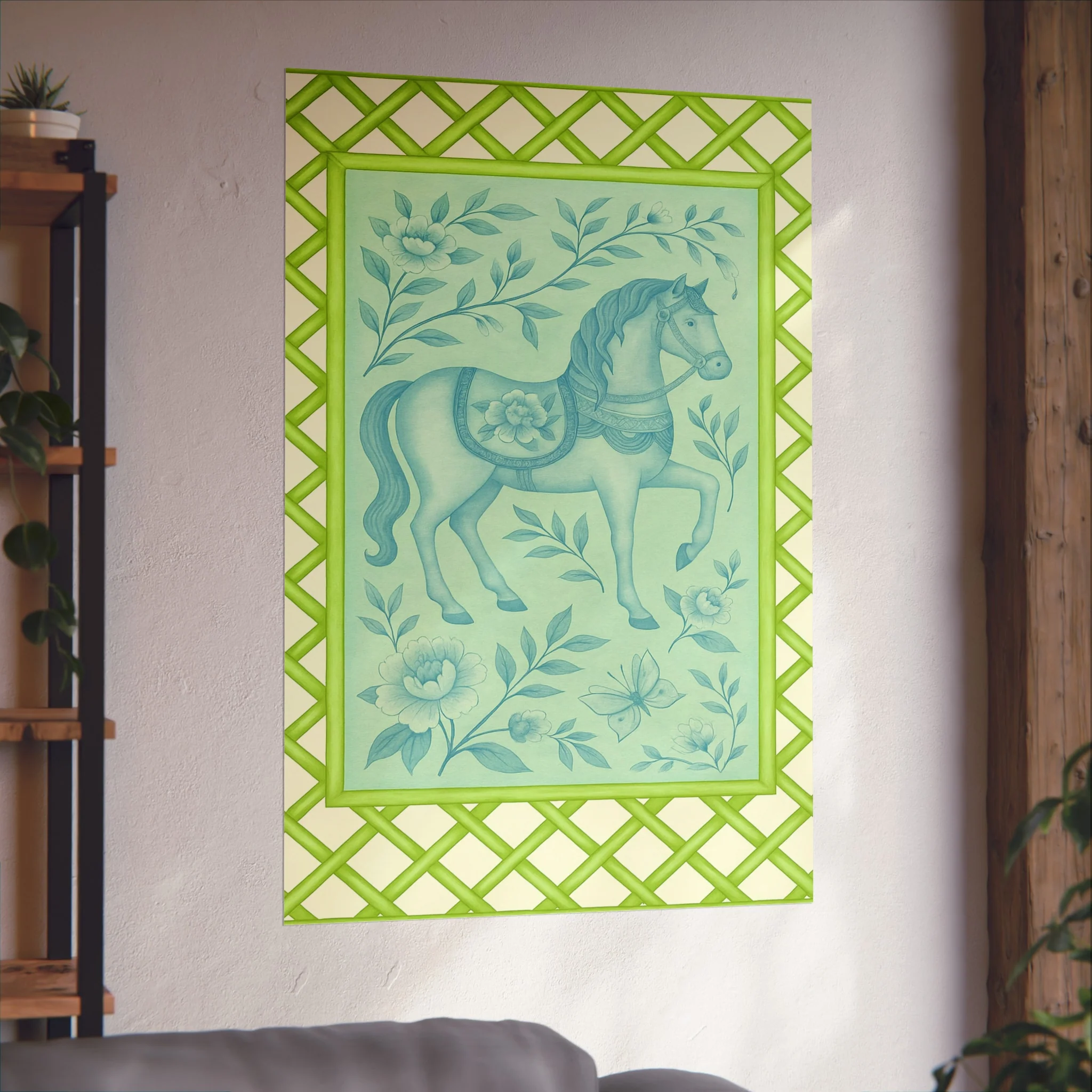 Green Bamboo Frame Chinoiserie Horse Fine Art Poster - Image 48