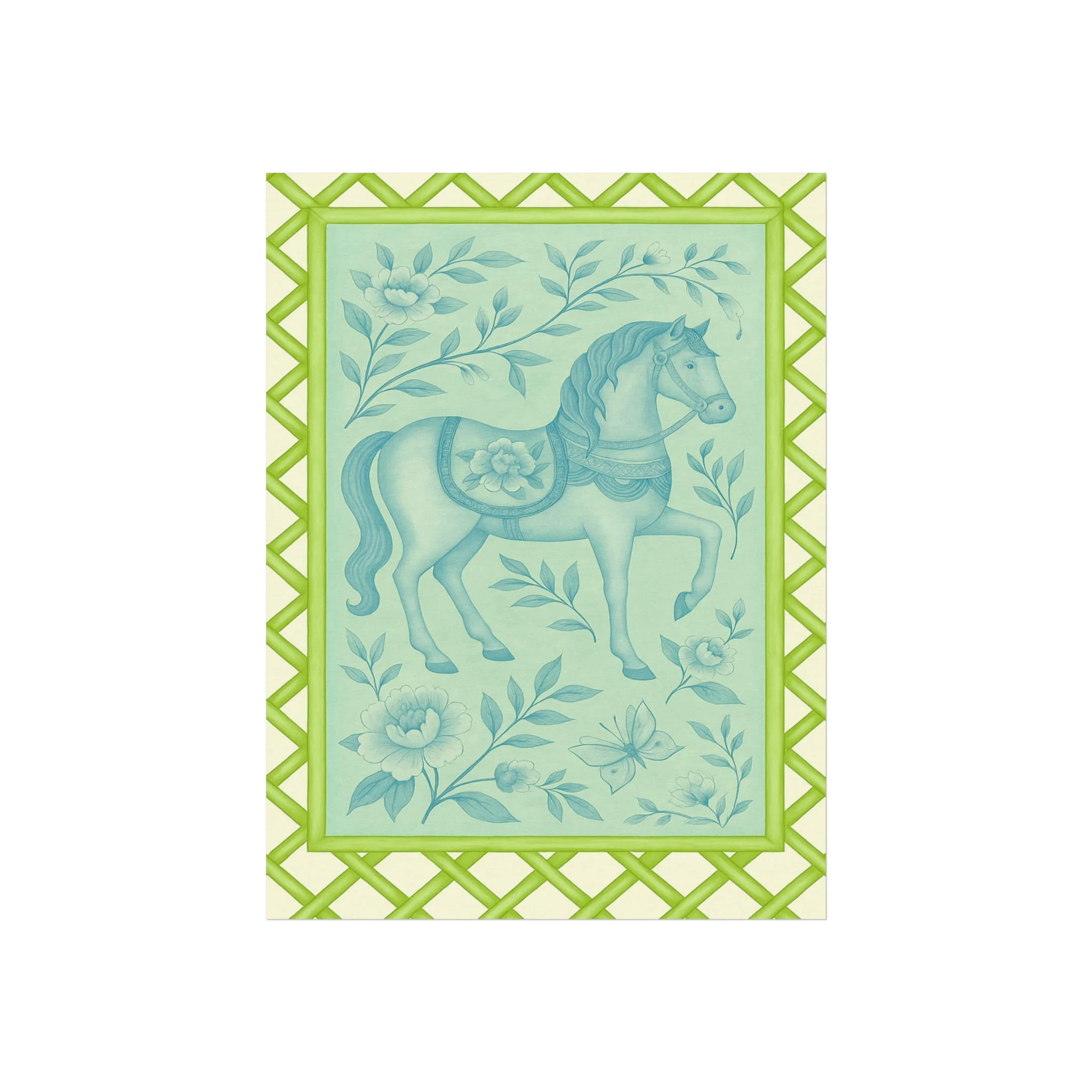 Green Bamboo Frame Chinoiserie Horse Fine Art Poster - Image 6