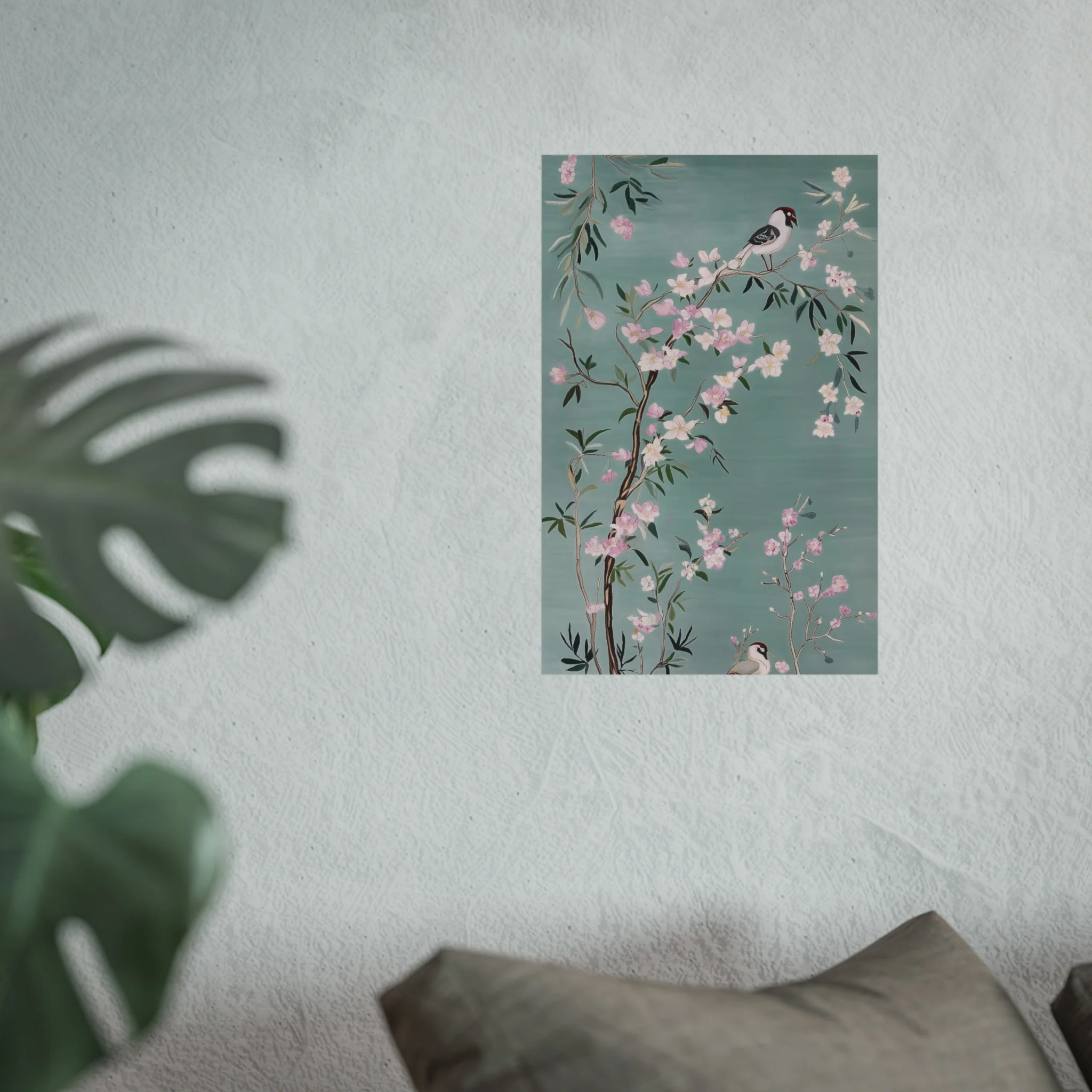 Green Chinoiserie Birds and Pink Cherry Blossom Fine Art Poster - Image 25