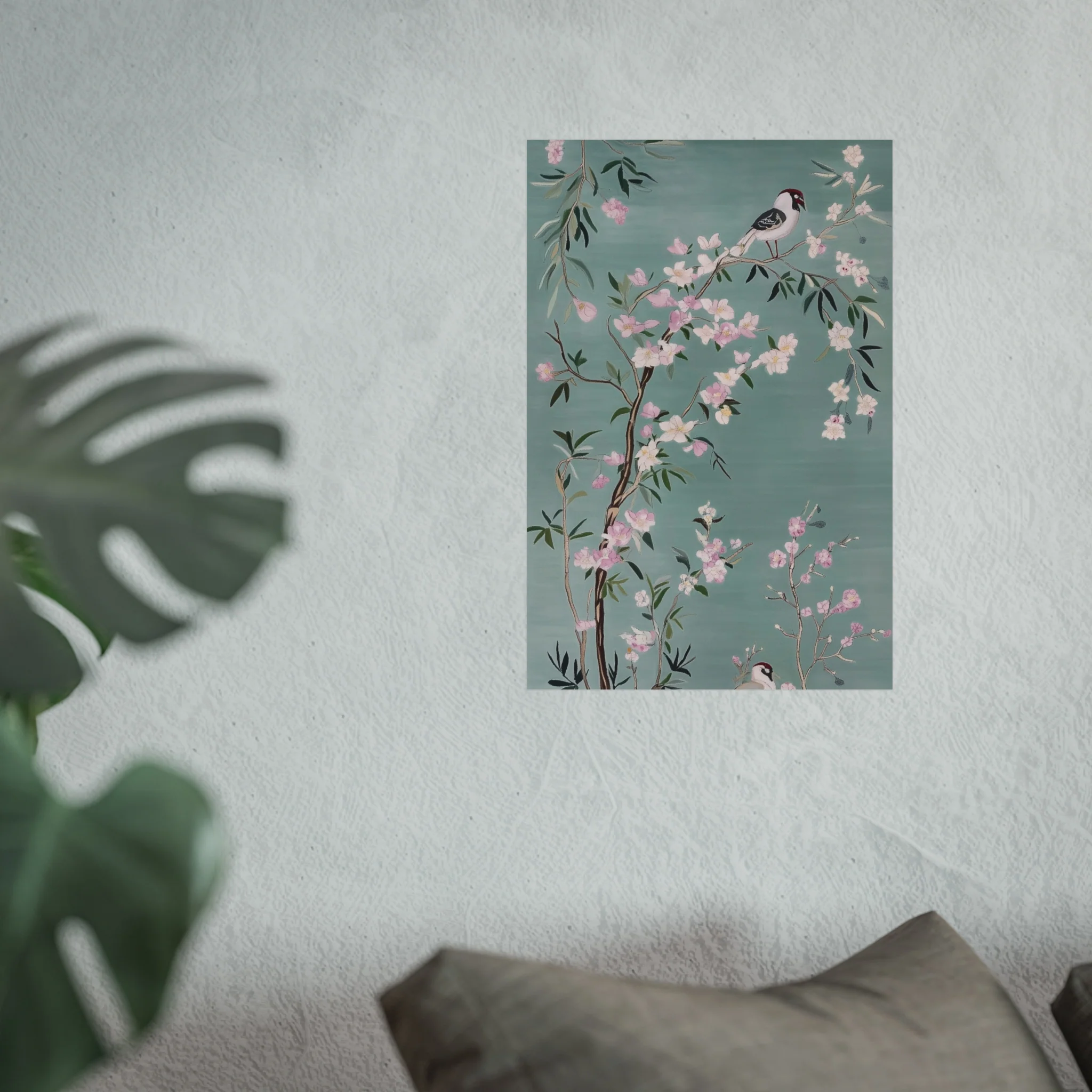 Green Chinoiserie Birds and Pink Cherry Blossom Fine Art Poster - Image 29