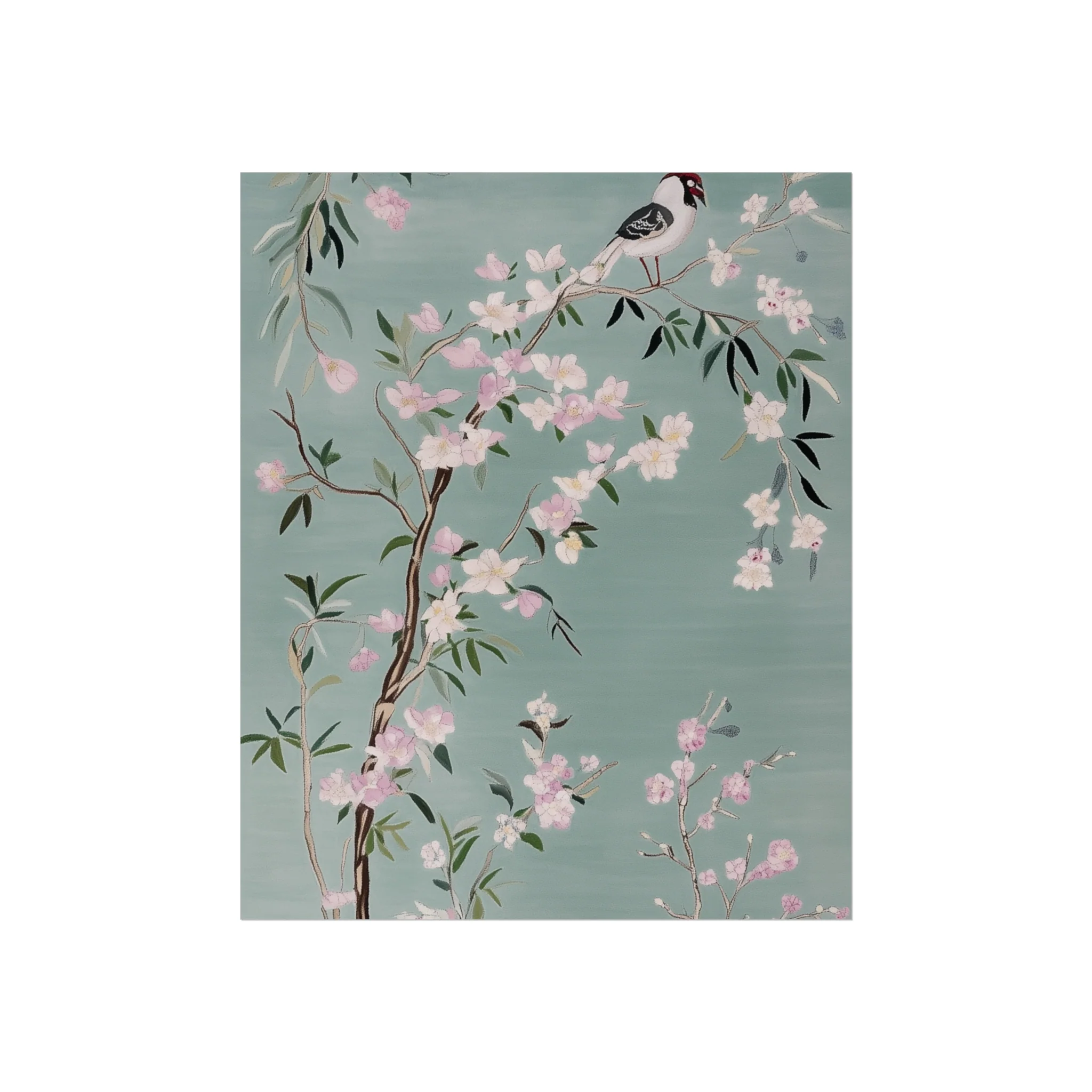 Green Chinoiserie Birds and Pink Cherry Blossom Fine Art Poster - Image 3