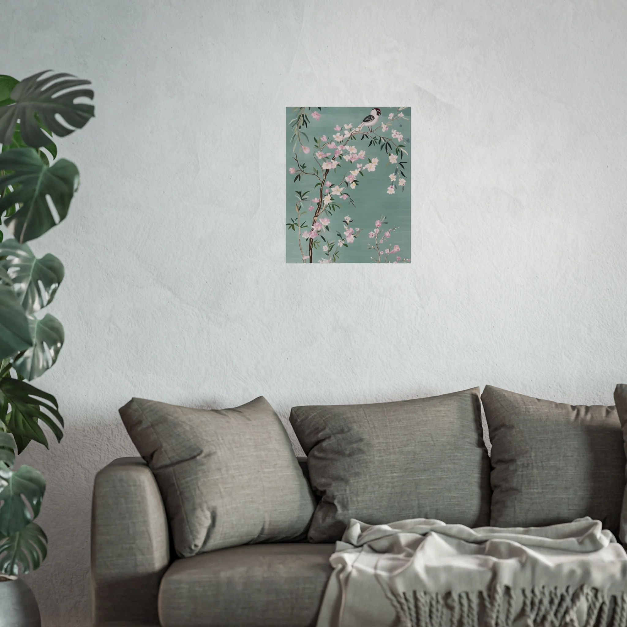 Green Chinoiserie Birds and Pink Cherry Blossom Fine Art Poster - Image 31
