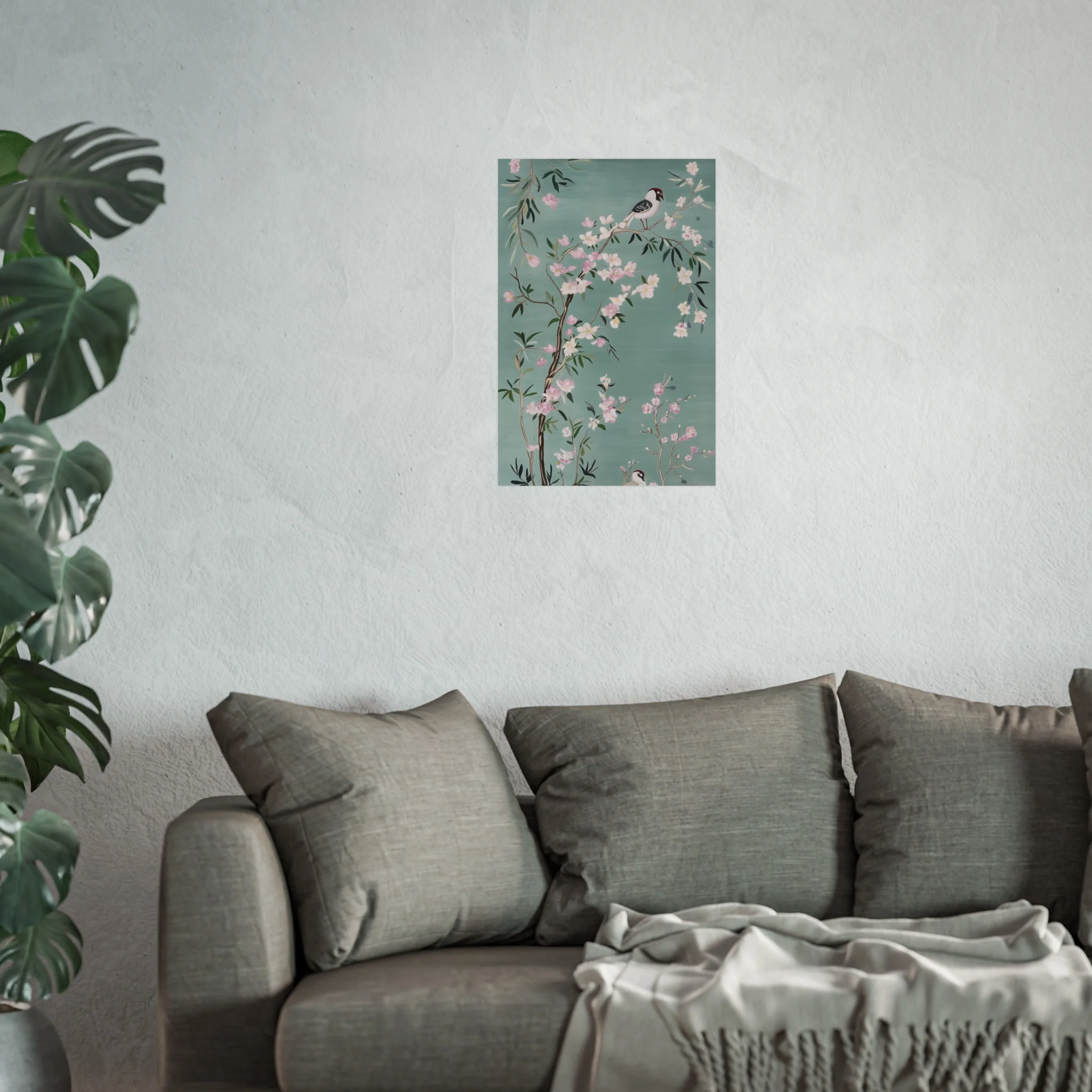 Green Chinoiserie Birds and Pink Cherry Blossom Fine Art Poster - Image 33