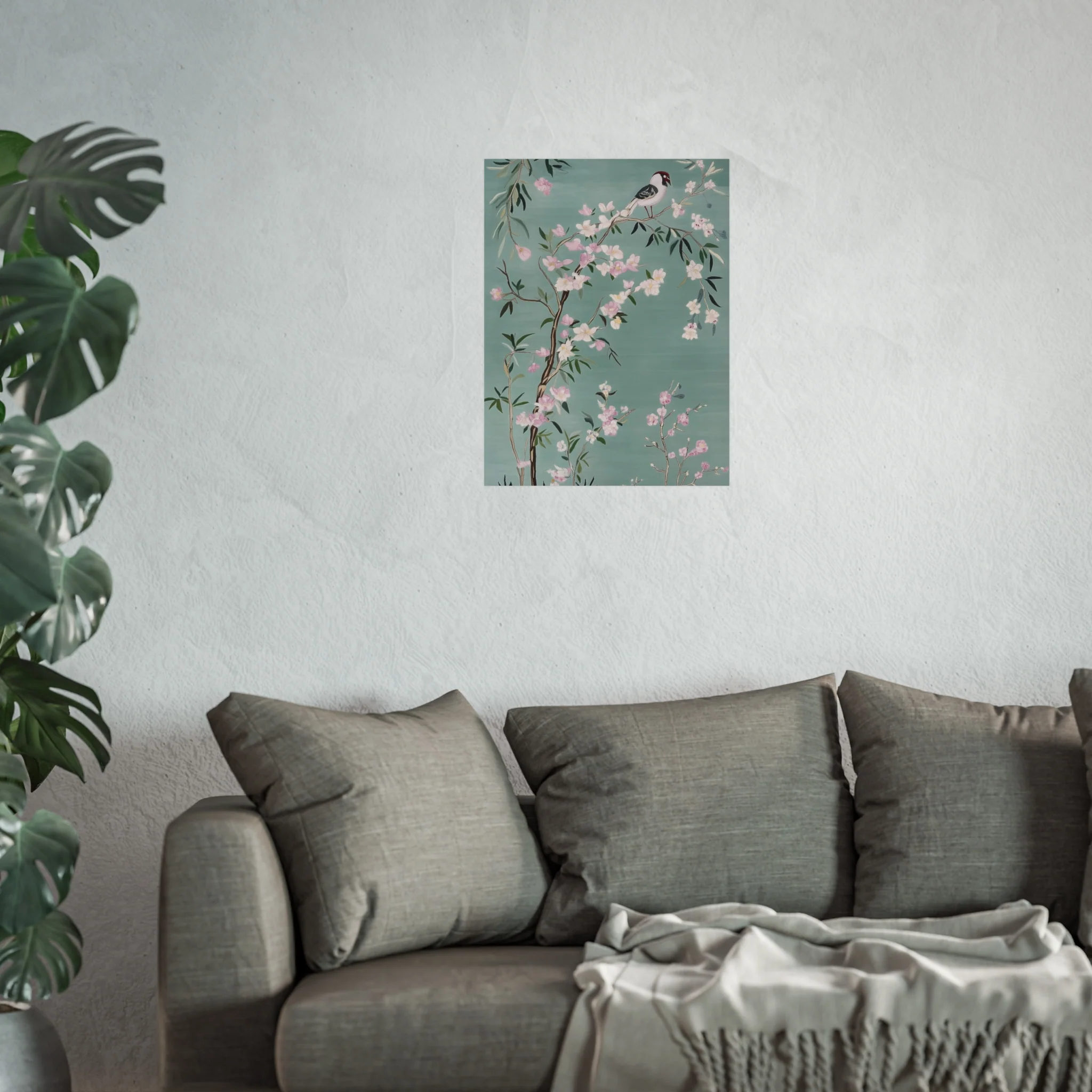 Green Chinoiserie Birds and Pink Cherry Blossom Fine Art Poster - Image 35