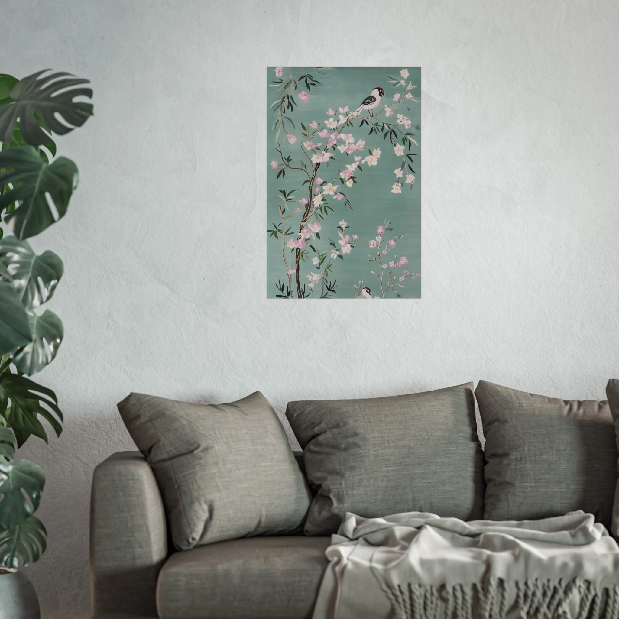 Green Chinoiserie Birds and Pink Cherry Blossom Fine Art Poster - Image 37