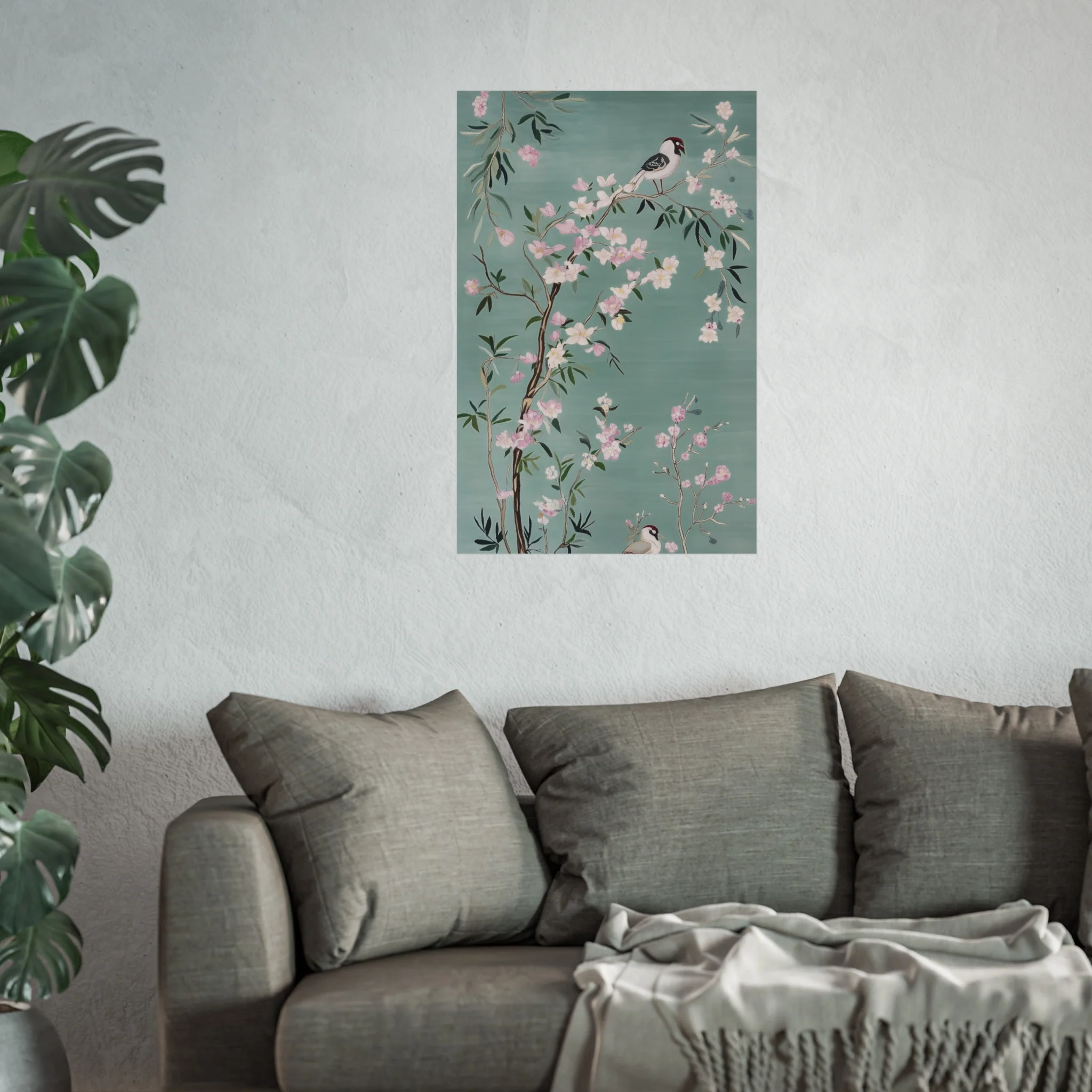 Green Chinoiserie Birds and Pink Cherry Blossom Fine Art Poster - Image 39