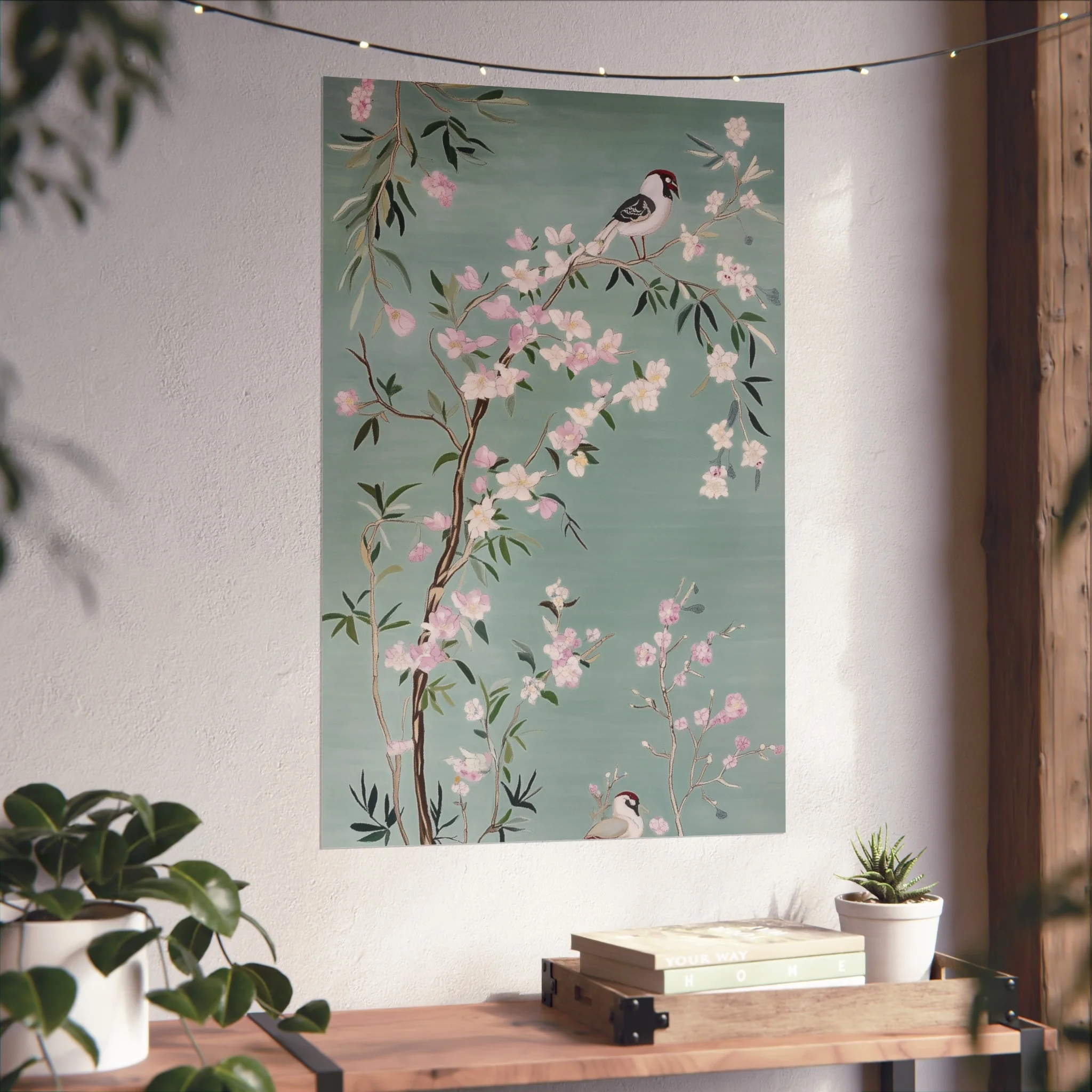 Green Chinoiserie Birds and Pink Cherry Blossom Fine Art Poster - Image 40