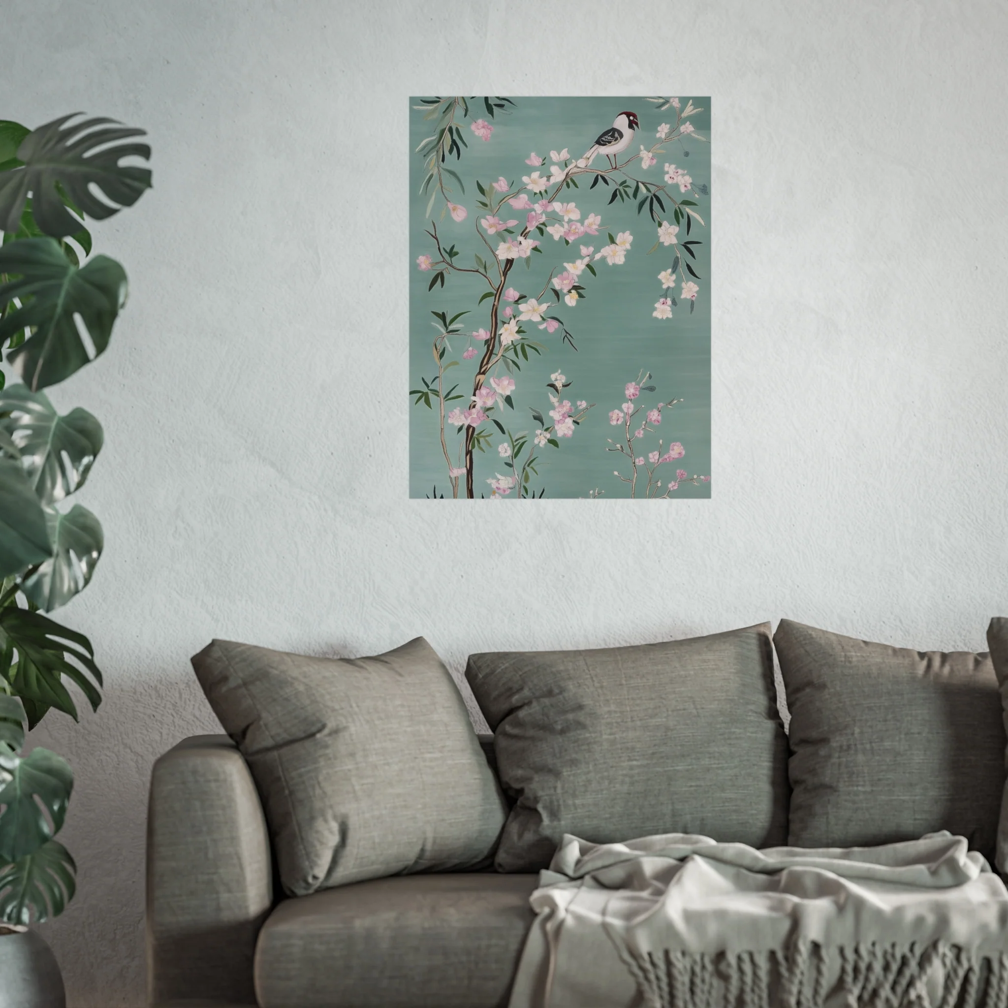 Green Chinoiserie Birds and Pink Cherry Blossom Fine Art Poster - Image 41