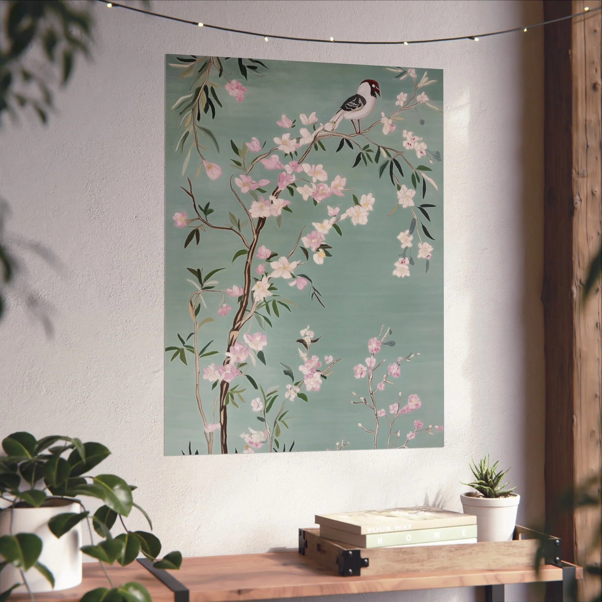 Green Chinoiserie Birds and Pink Cherry Blossom Fine Art Poster - Image 42